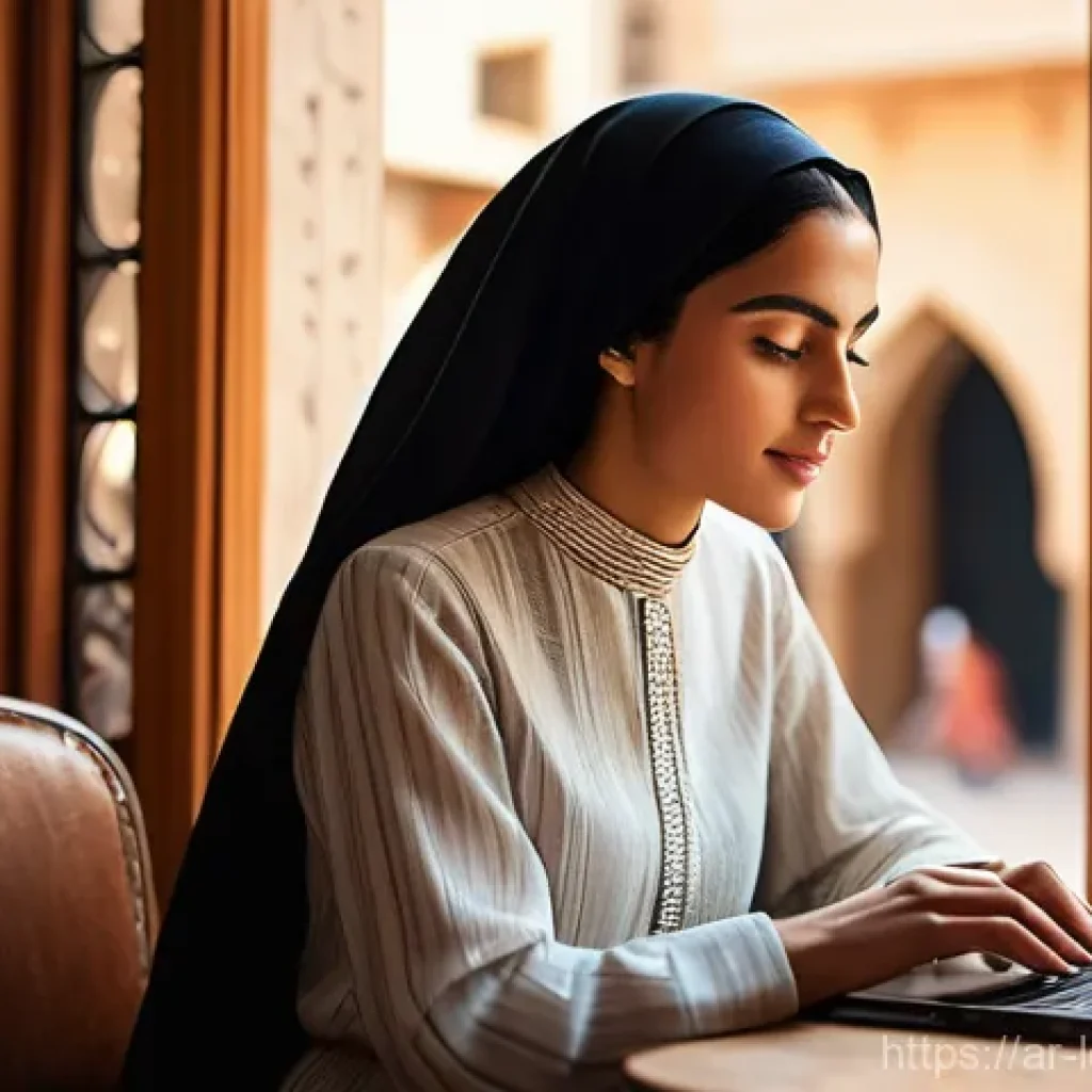 미니멀 워크와 원격 근무의 조화 - **Prompt:** A young, focused Arab woman in her late 20s, wearing modest yet stylish business casual ...