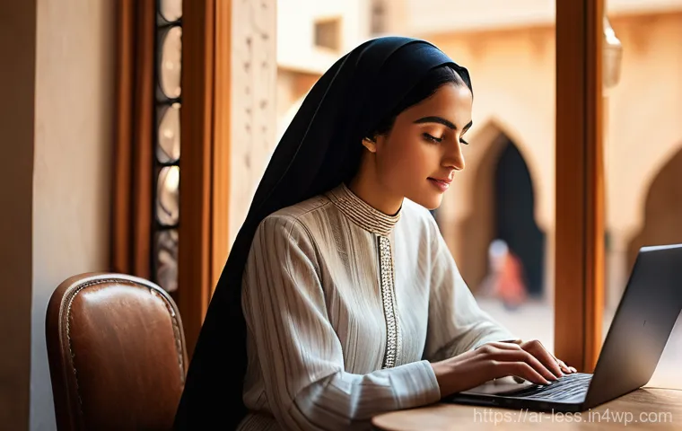 미니멀 워크와 원격 근무의 조화 - **Prompt:** A young, focused Arab woman in her late 20s, wearing modest yet stylish business casual ...