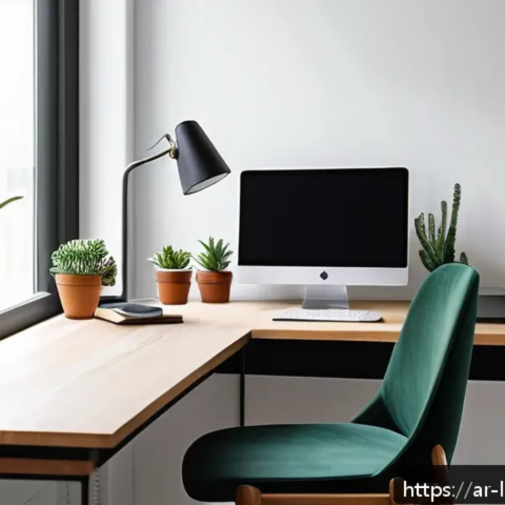 미니멀 워크의 정리정돈 팁 - A modern minimalist Arabic home office scene emphasizing a clutter-free workspace with only essentia...