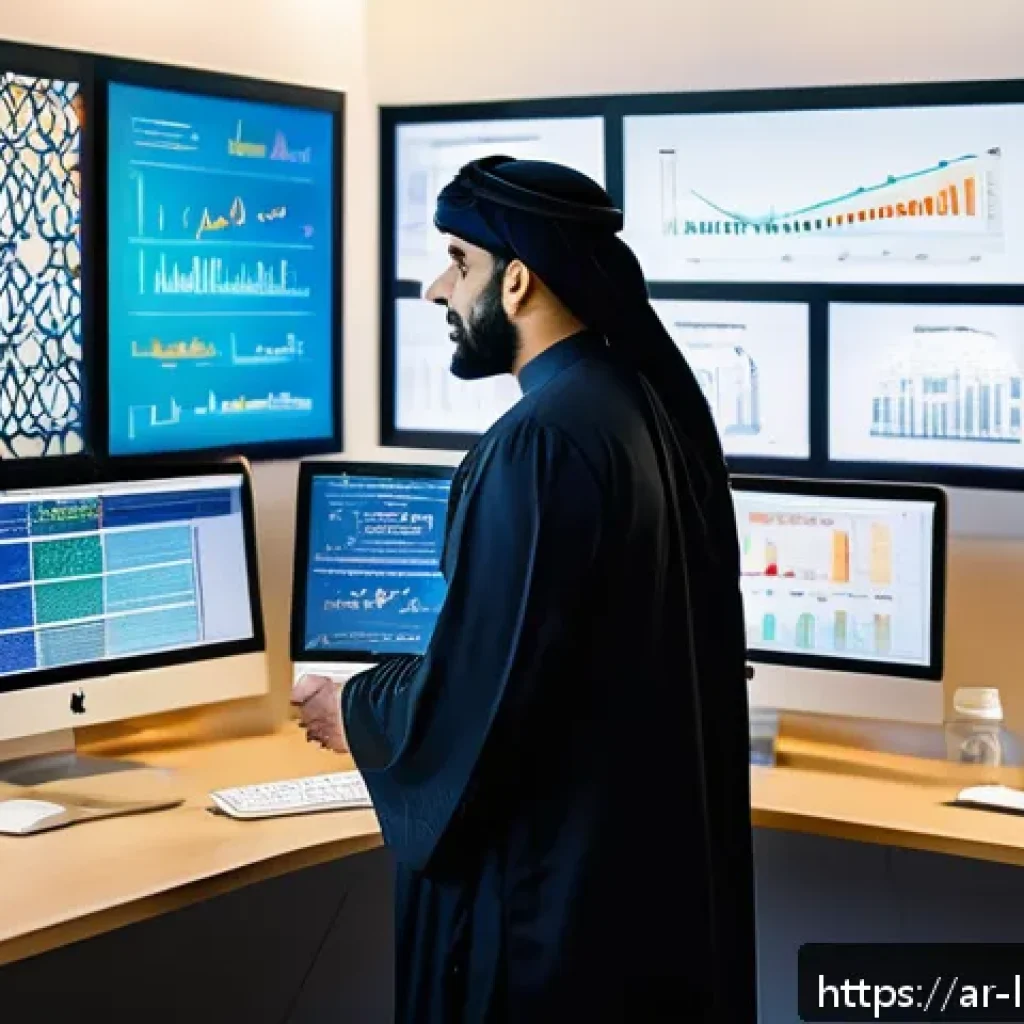 미니멀 워크와 고객 경험 개선 - A modern Middle Eastern digital marketing office scene showing an Arabic-speaking professional analy...