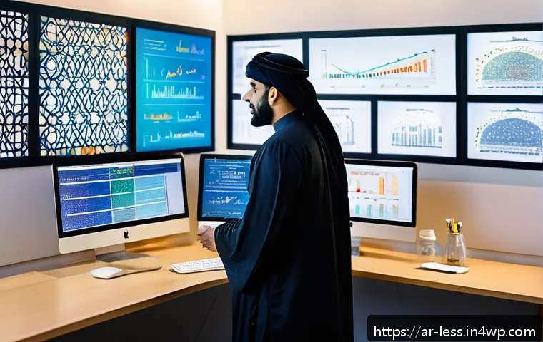 미니멀 워크와 고객 경험 개선 - A modern Middle Eastern digital marketing office scene showing an Arabic-speaking professional analy...