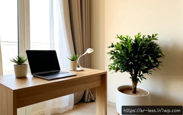 미니멀 워크를 위한 환경 설정 방법 - Photorealistic minimalist home workspace in a modern Arab apartment, a neatly organized light wood d...